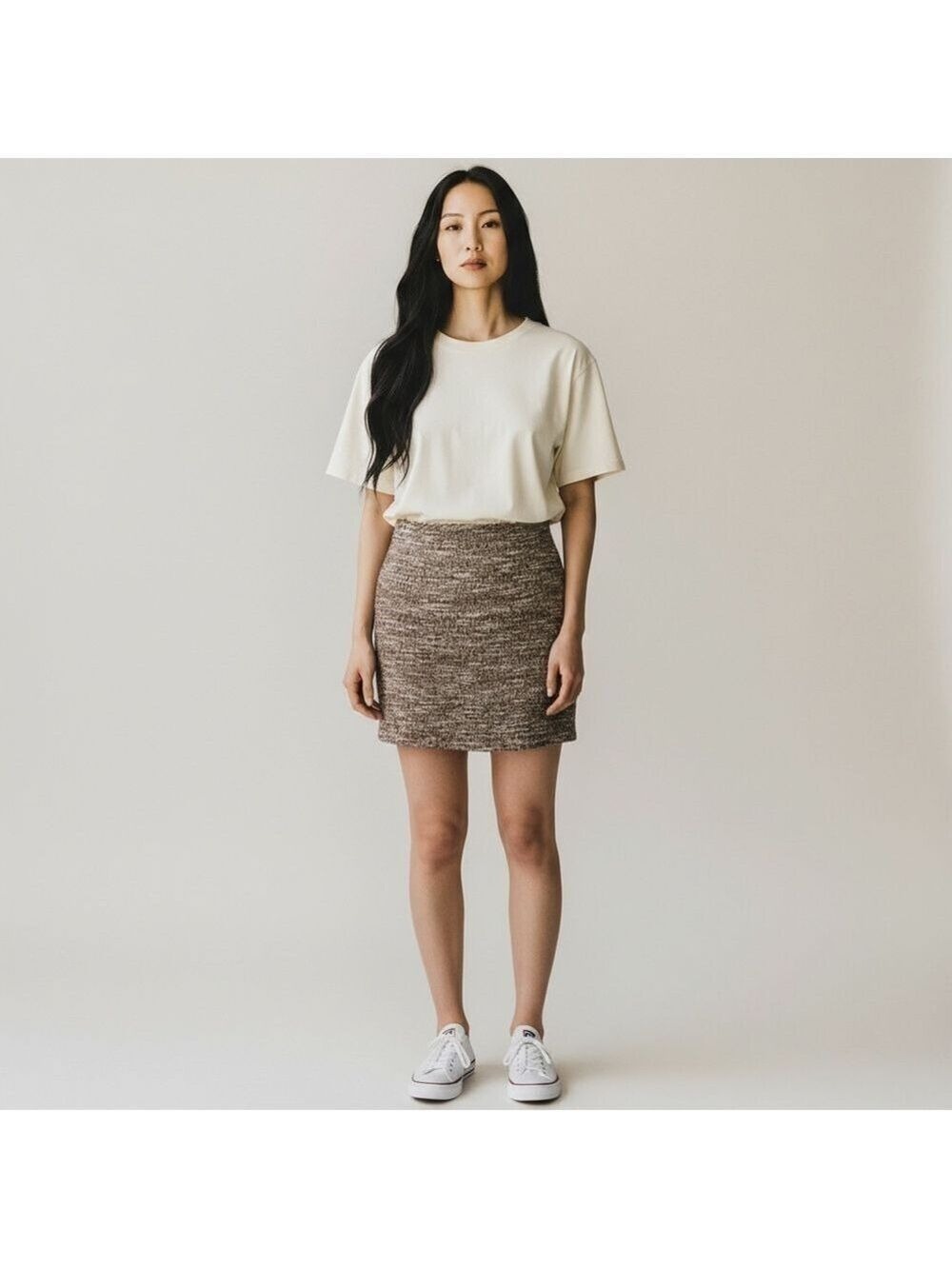 Vintage Tweed Bodycon Mini Skirt, Stretchy Boucle, Size L